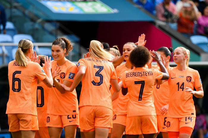 Netherlands players pictured celebrating a goal during their 2-0 win over South Africa at the 2023 FIFA Women's World Cup